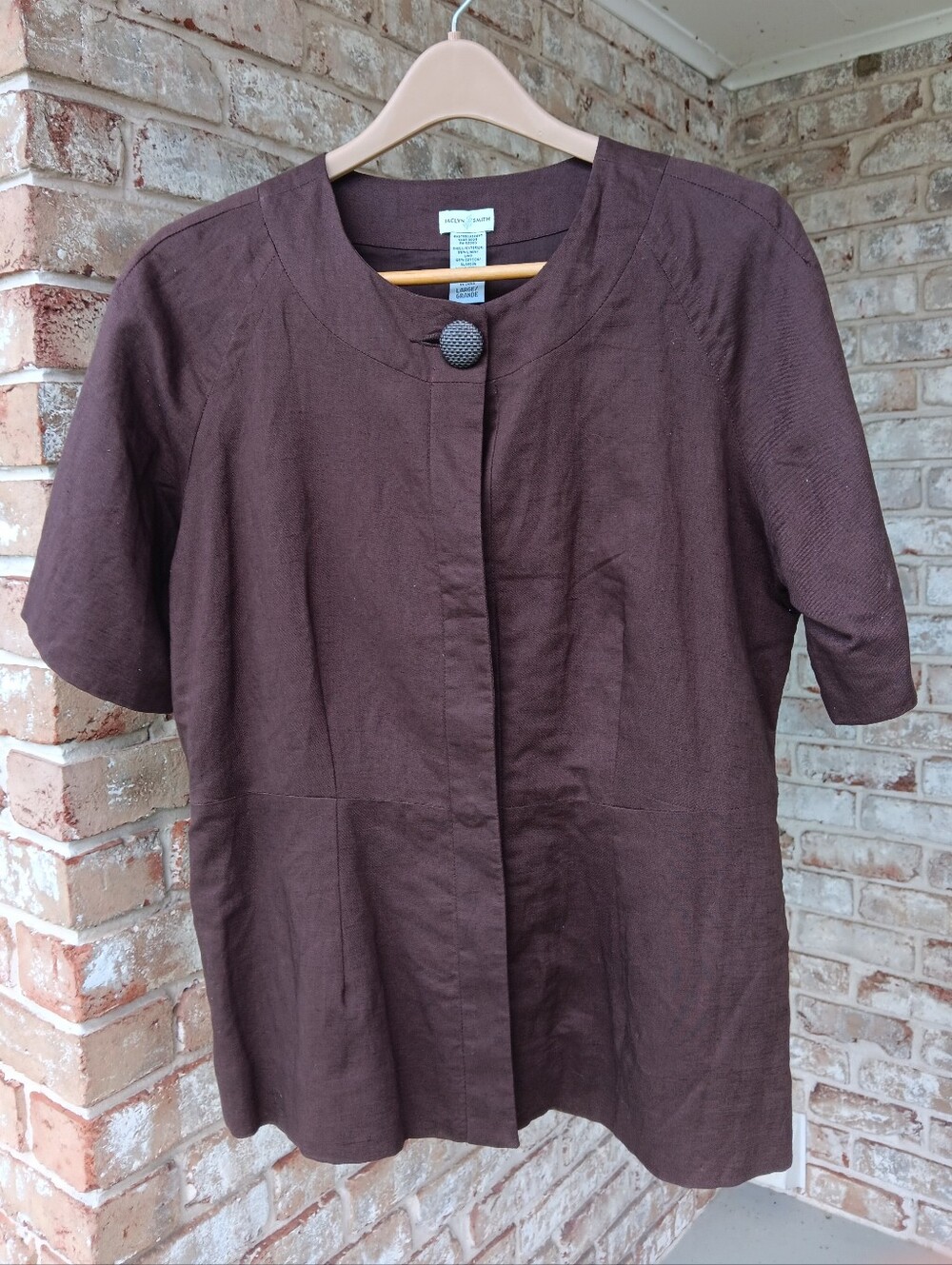 Linen& Cotton Brown Short-Sleeve Button Front Top